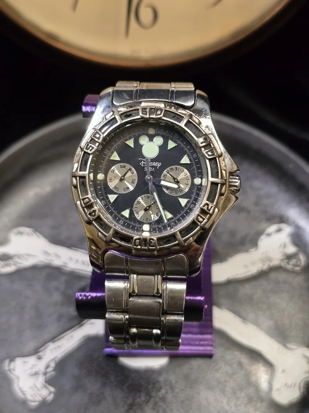 1990's Disney Stainless Steel Mickey Calendar Watch - Black Dial (FOSSIL)